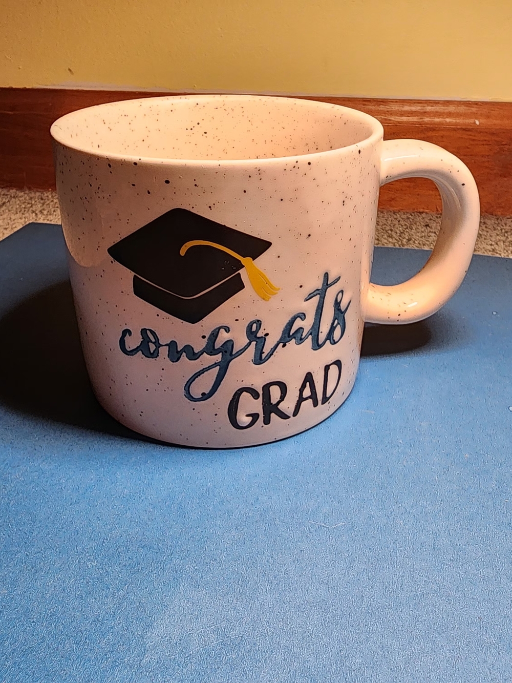 Tag Speckled White Graduation Mug with Black Cap and Yellow Tassel